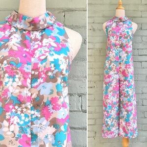 Vintage 60s Floral Sleeveless Jumpsuit - Pink, Blue, and Brown